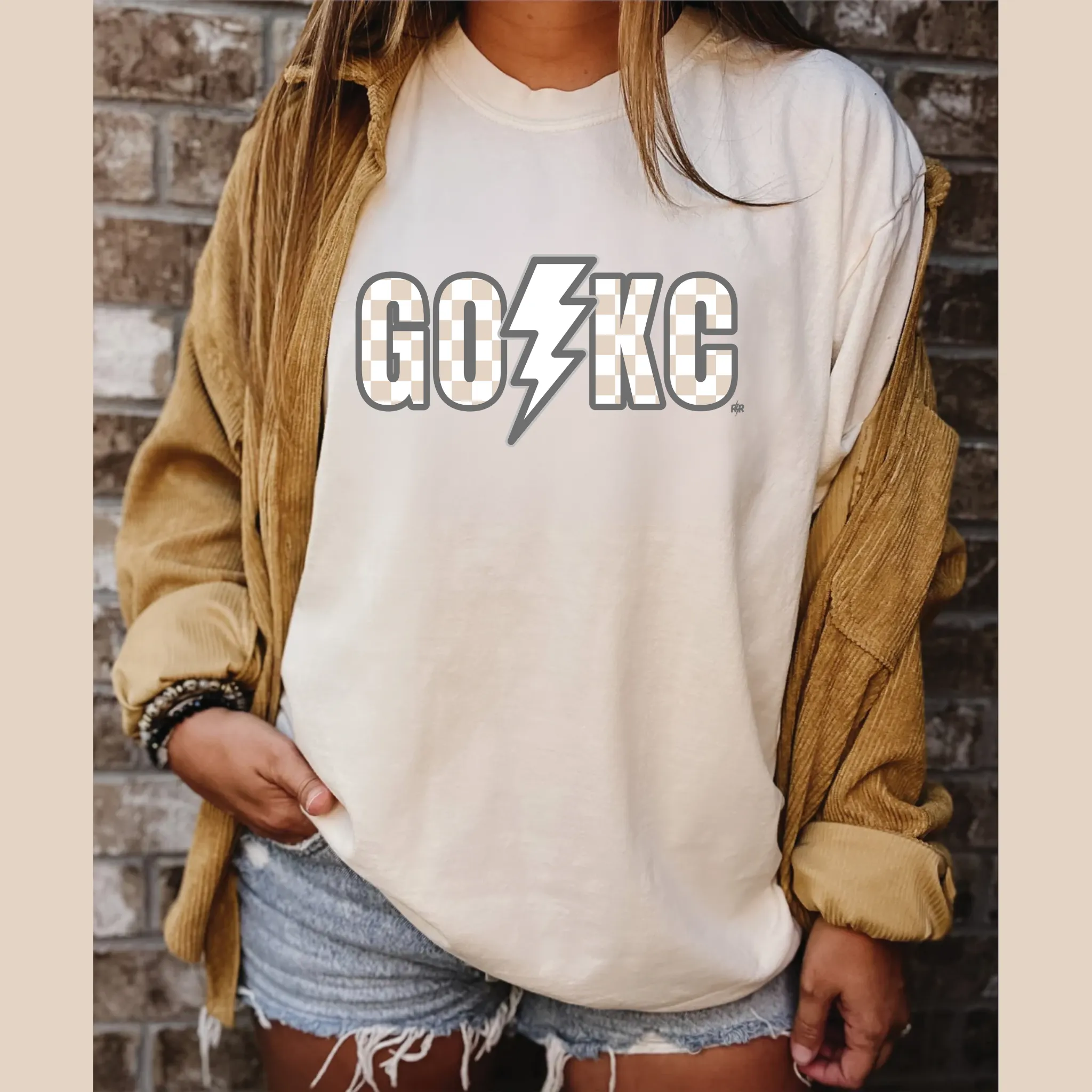 GO KC Checkered Lightening Bolt Ivory Graphic Tee