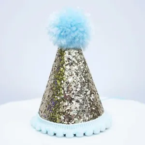 Gold Glitter Sparkles Blue Birthday Boy Cone Party Hat Toddler Smash Cake Pom Pom