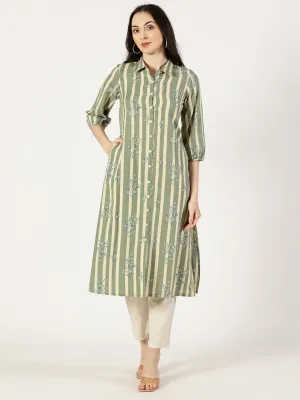Green Floral Print Shirt Kurta