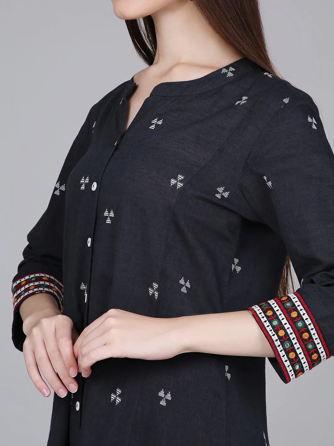 Grey Woven Design Cotton Kurta with Embroidery on Sleeves