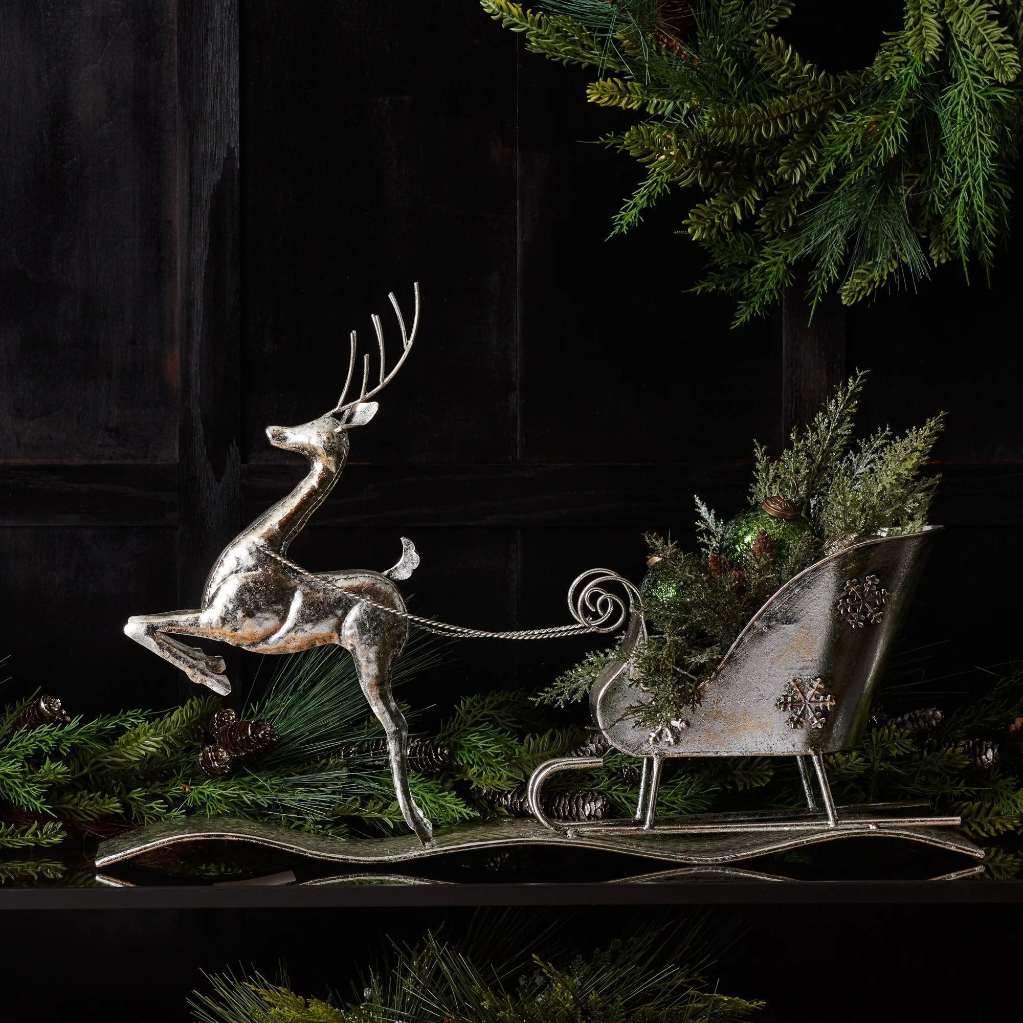 Hammered Metal Reindeer with Sleigh 25.5"L