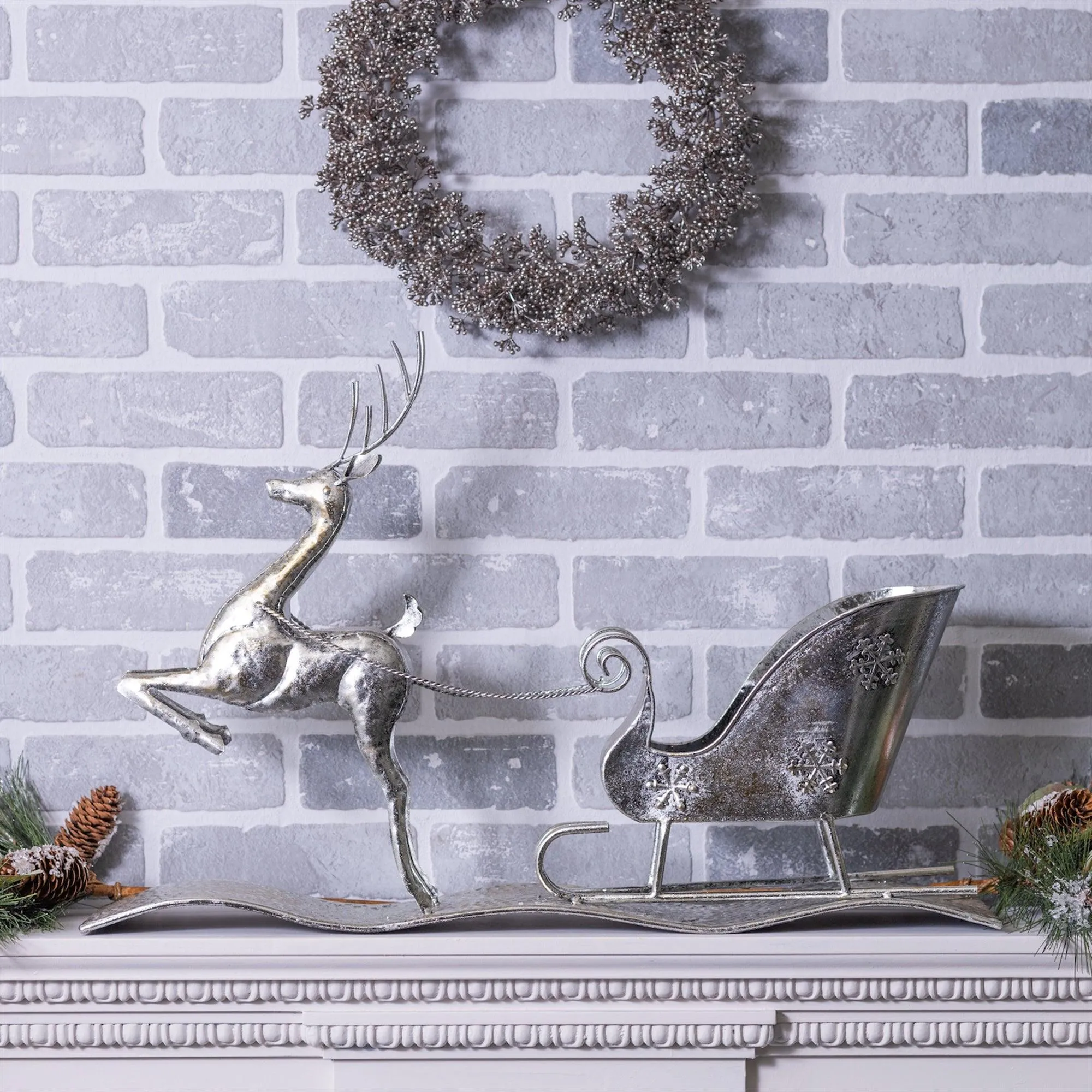 Hammered Metal Reindeer with Sleigh 25.5"L