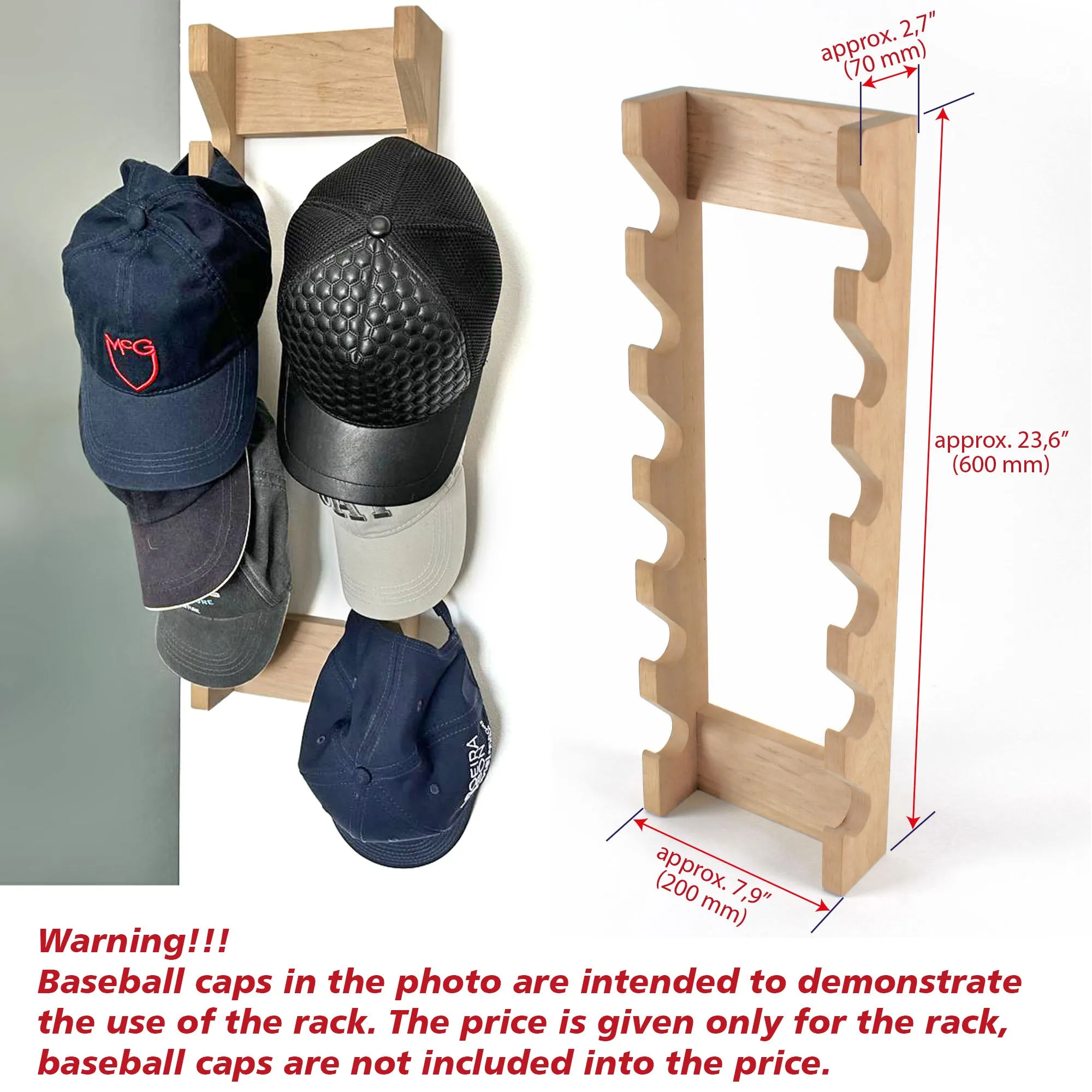 Handcrafted Solid Wood Baseball Cap Rack - Holds 12 Caps - Wall Mounted Hat Display- Baseball Cap Holder - Perfect Gift for Dad