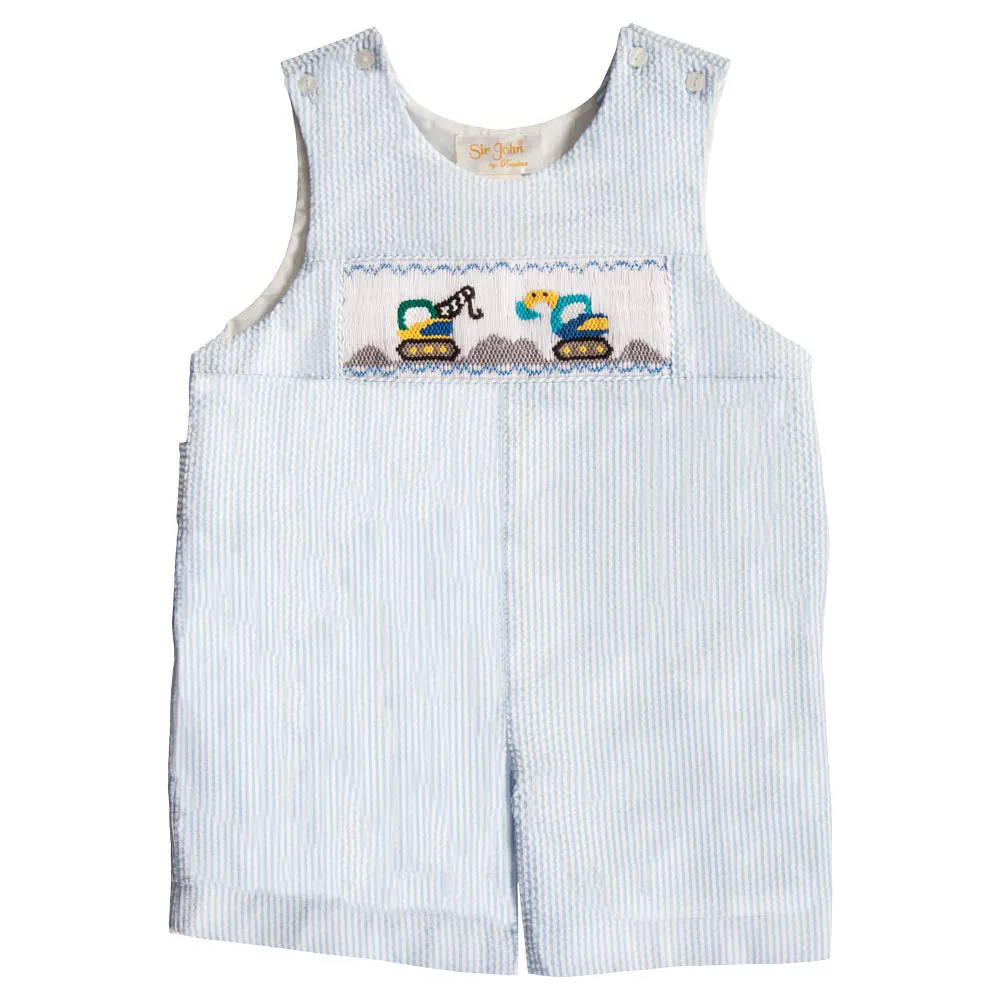 Heavy Equipment Blue Striped Seersucker Smocked Romper