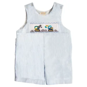 Heavy Equipment Blue Striped Seersucker Smocked Romper
