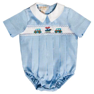 Helicopter & Cars Blue Gingham Smocked Boy Bubble