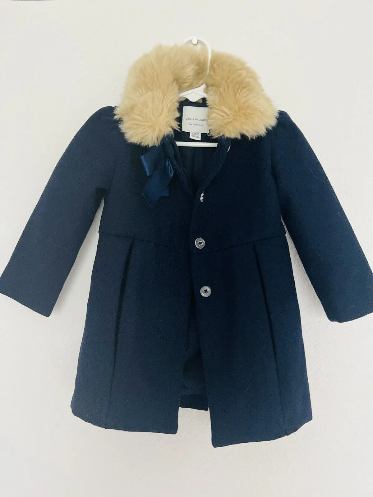 JANIE & JACK Coat Sz 18-24 Months Navy Fur Collar Button Up Formal Easter