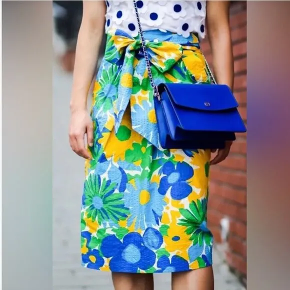 J.Crew Colorful Floral Print Midi Skirt with Bow Belt, Size 2