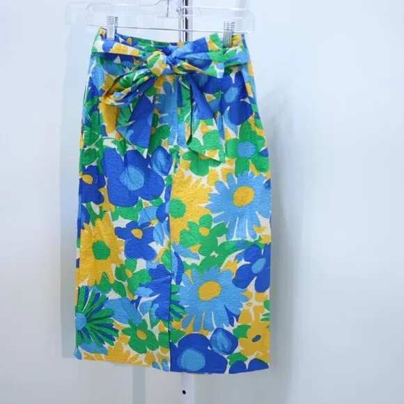 J.Crew Colorful Floral Print Midi Skirt with Bow Belt, Size 2