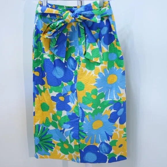 J.Crew Colorful Floral Print Midi Skirt with Bow Belt, Size 2