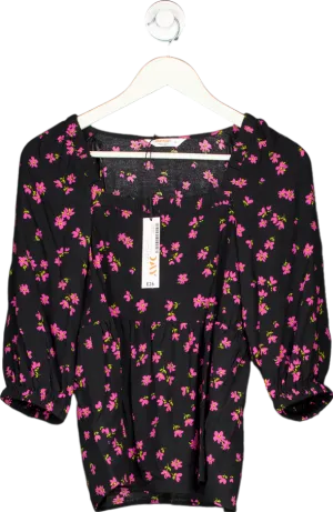 John Lewis Anyday Black Floral SQ Neck Top UK 6