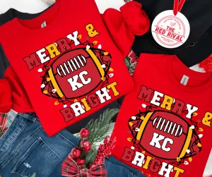 KC Merry & Bright Football Lights RED Sweatshirt or Tshirt (FINAL SALE)