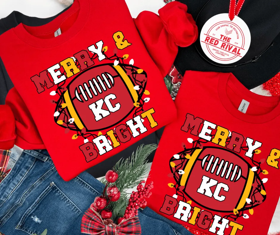 KC Merry & Bright Football Lights RED Sweatshirt or Tshirt (FINAL SALE)