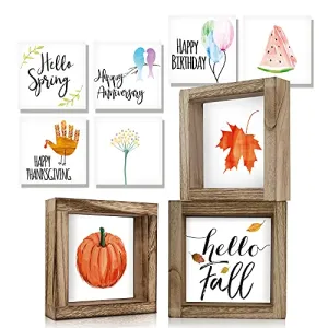 KIBAGA Farmhouse Home Decor Signs - 3 Frames with 18 Interchangeable Sayings for Fall, Halloween and Thanksgiving Decorations - 6"x6" Centerpiece Frames for Living Room Wall and Tiered Tray Decor