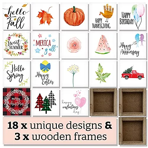 KIBAGA Farmhouse Home Decor Signs - 3 Frames with 18 Interchangeable Sayings for Fall, Halloween and Thanksgiving Decorations - 6"x6" Centerpiece Frames for Living Room Wall and Tiered Tray Decor