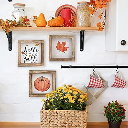 KIBAGA Farmhouse Home Decor Signs - 3 Frames with 18 Interchangeable Sayings for Fall, Halloween and Thanksgiving Decorations - 6"x6" Centerpiece Frames for Living Room Wall and Tiered Tray Decor