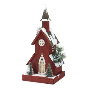 Lighted Winter Church Display with Pine Accents and Snowy Finish 19"H