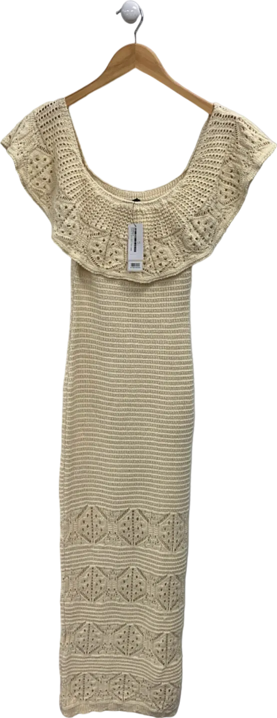 Lipsy Neutral Bardot Crochet Maxi Dress UK 8
