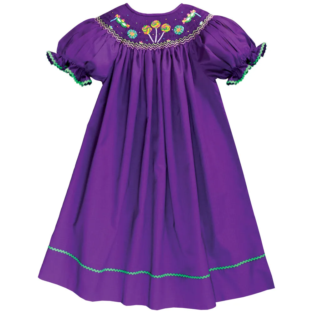 Mardi Gras Lollipops & Masks Dark Purple Smocked Bishop w/RicRac
