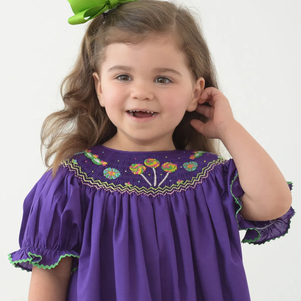 Mardi Gras Lollipops & Masks Dark Purple Smocked Bishop w/RicRac