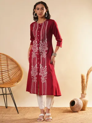 Maroon Comfort Fit Cotton Kurta for Women Online in India - Zola