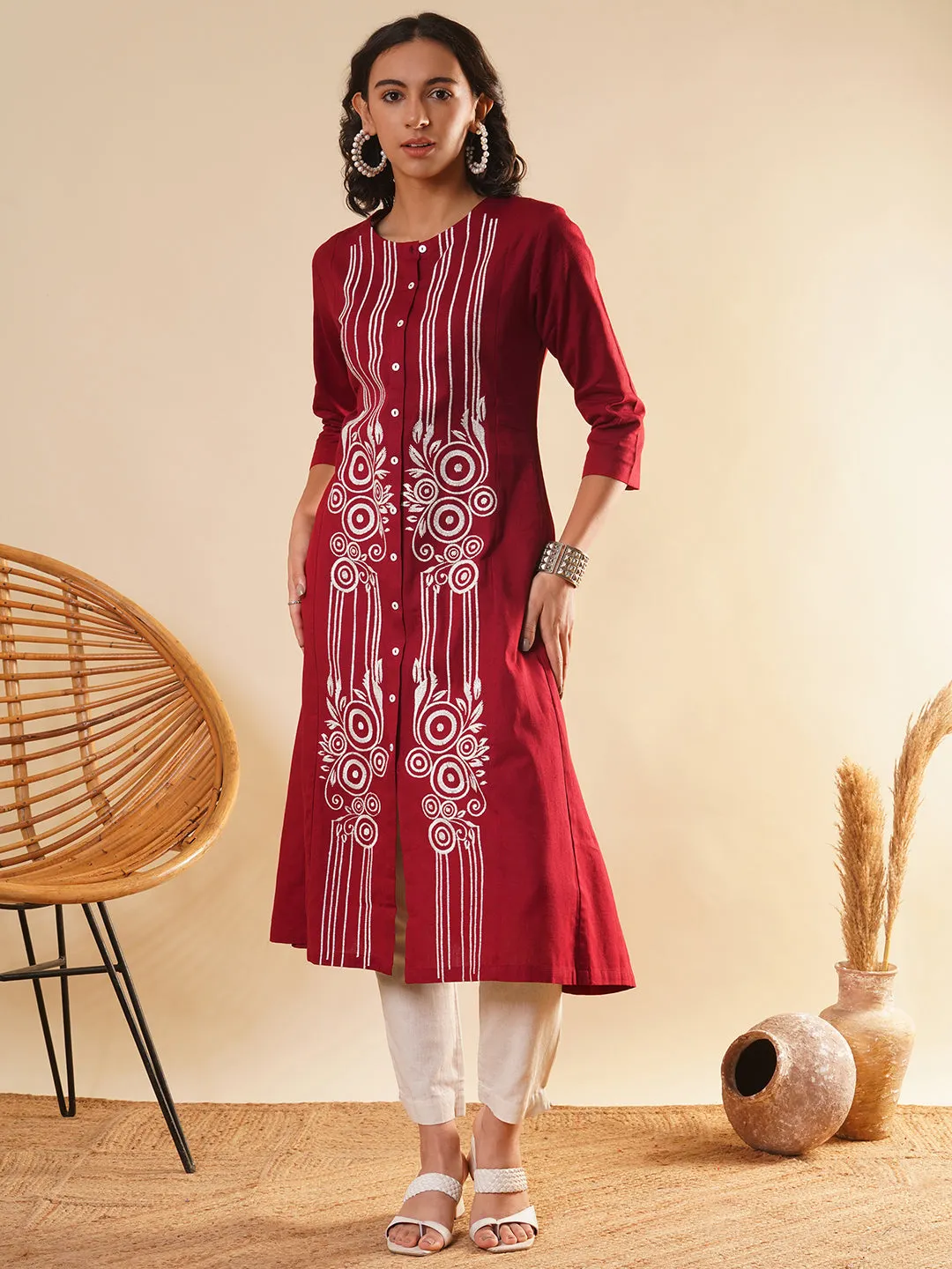 Maroon Comfort Fit Cotton Kurta for Women Online in India - Zola