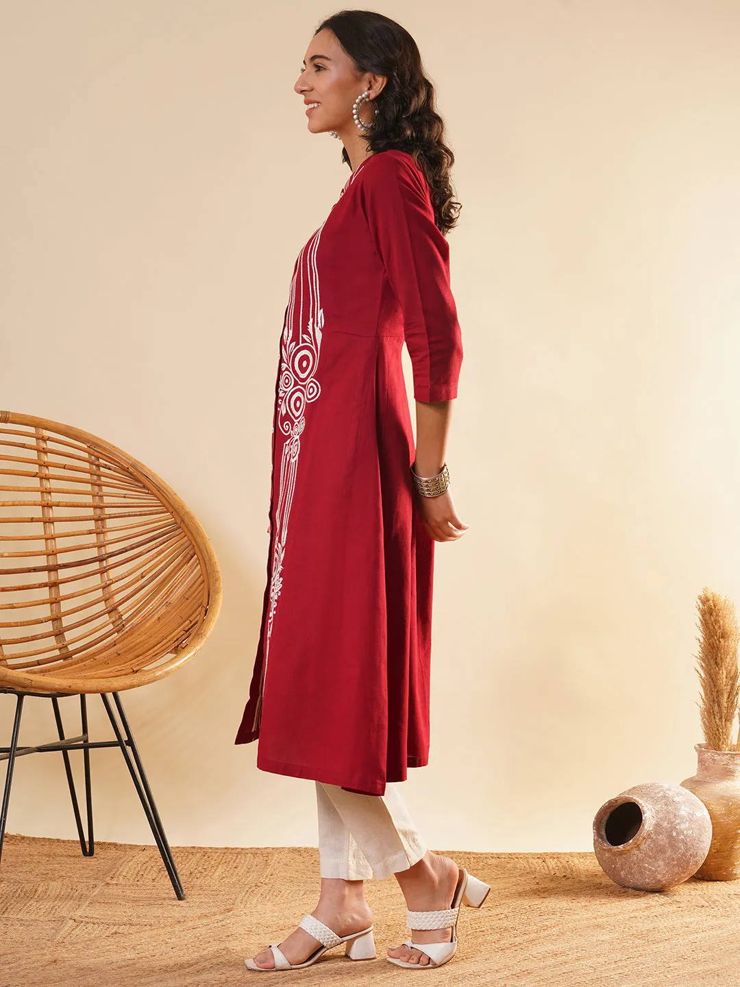 Maroon Comfort Fit Cotton Kurta for Women Online in India - Zola