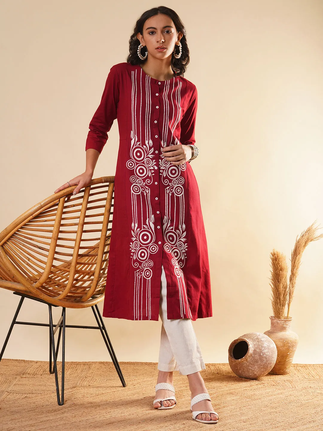 Maroon Comfort Fit Cotton Kurta for Women Online in India - Zola