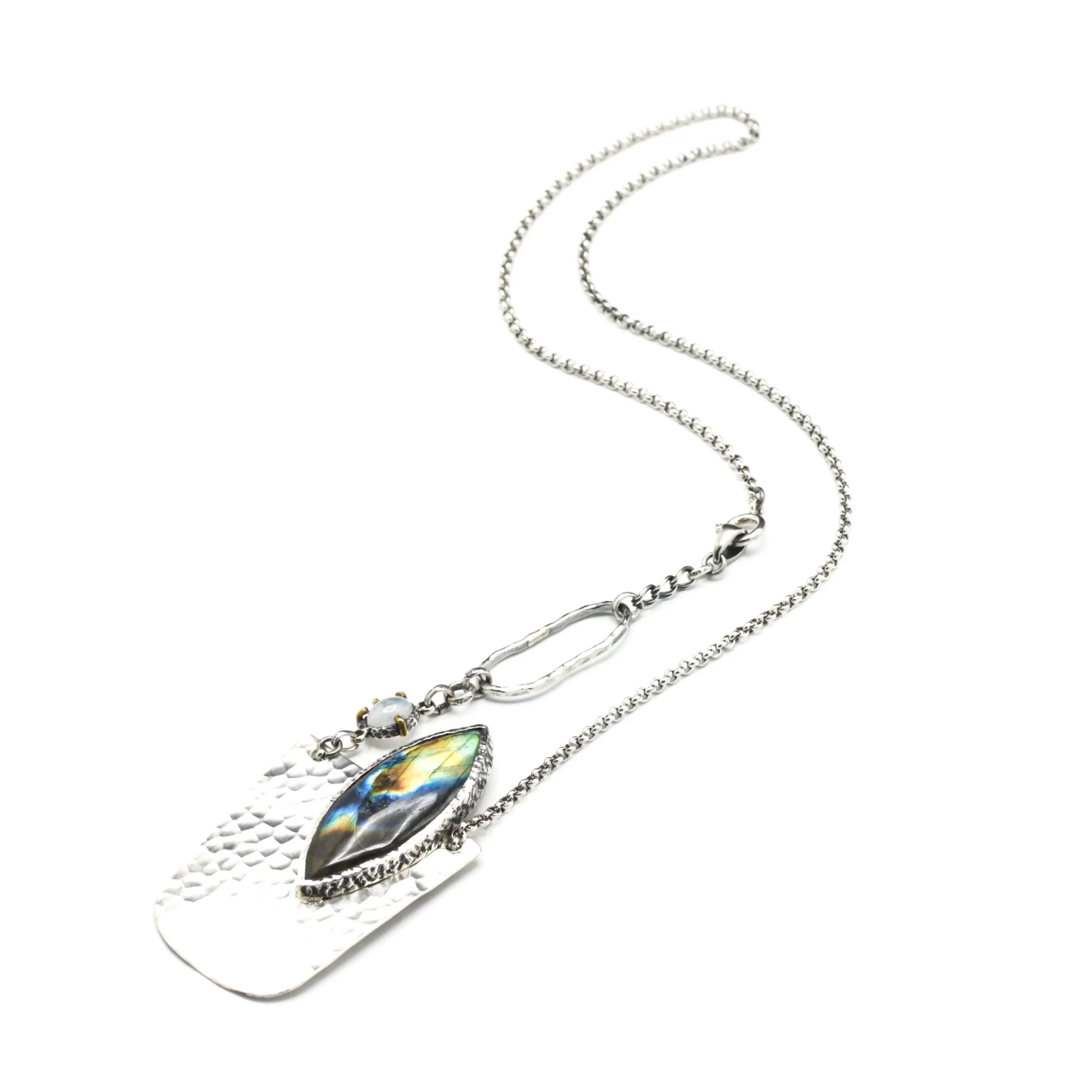 Marquise cabochon labradorite pendant necklace in bezel setting with sterling silver semi-oval shape on silver chain