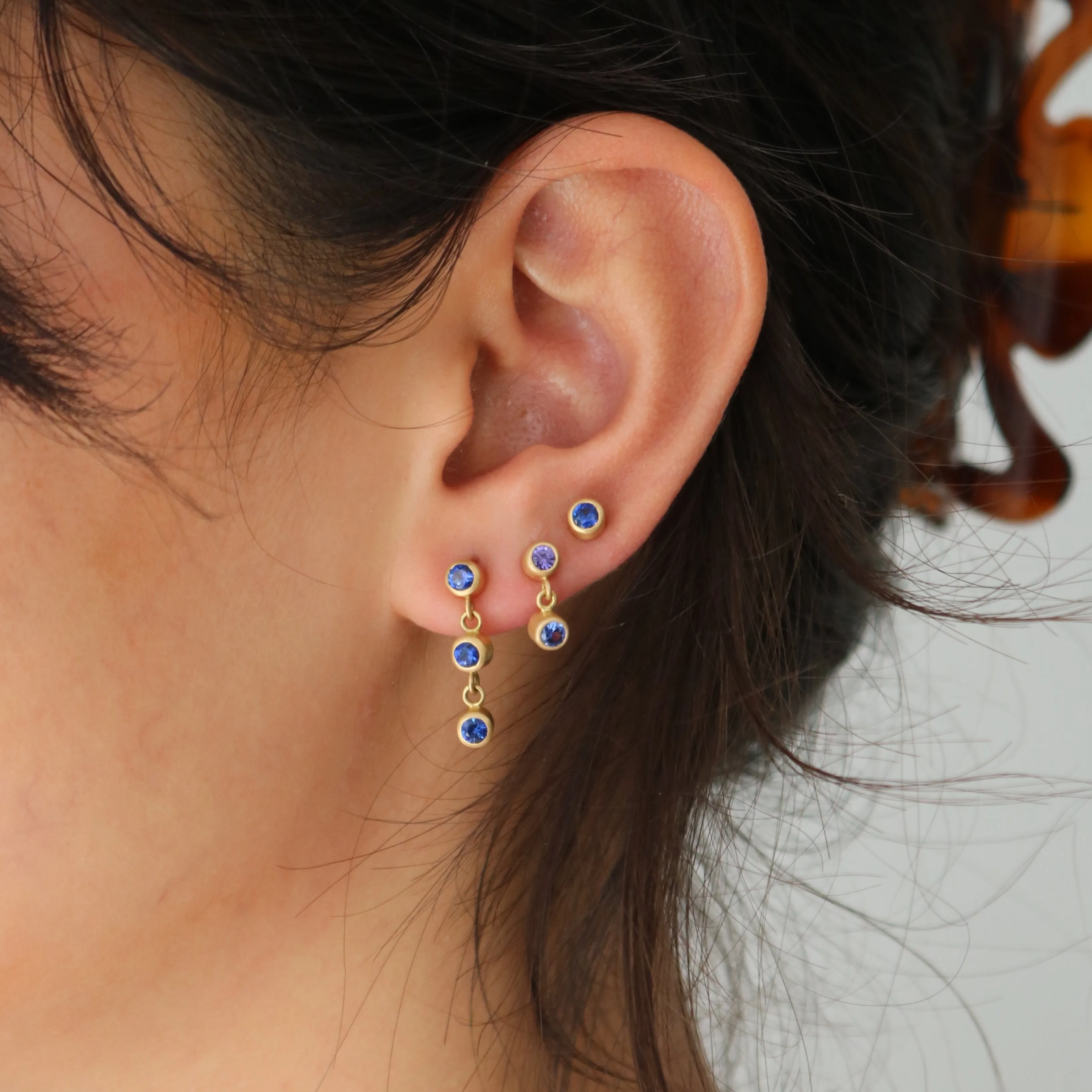 Meadow Triple Blue Sapphire Earrings in 20K Peach Gold