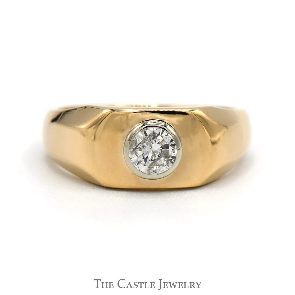 Men's Bezel Set Round Diamond Solitaire Ring in Polished 14k Yellow Gold