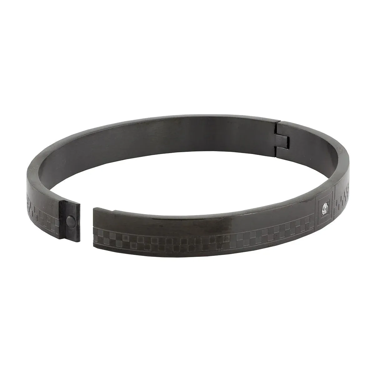 Men's Stainless Steel Kada Bangle Bracelet with American Diamond Checks in Black