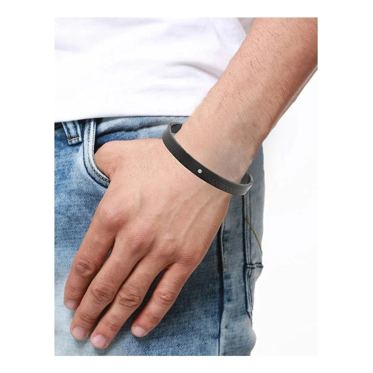 Men's Stainless Steel Kada Bangle Bracelet with American Diamond Checks in Black
