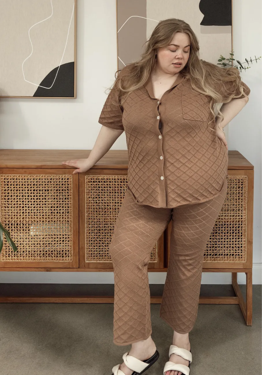 Miann & Co Womens - Sienna Knit Pointelle Pants - Café Au Lait