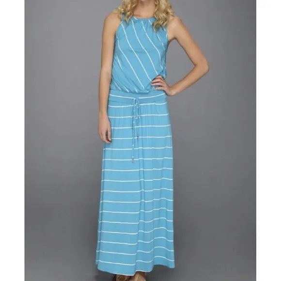 Michael Stars Harlow Stripe Island Atlantic Maxi Dress Aqua Blue Racerback S