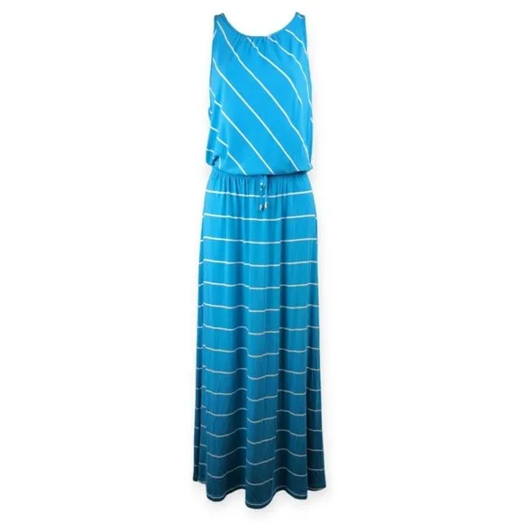 Michael Stars Harlow Stripe Island Atlantic Maxi Dress Aqua Blue Racerback S