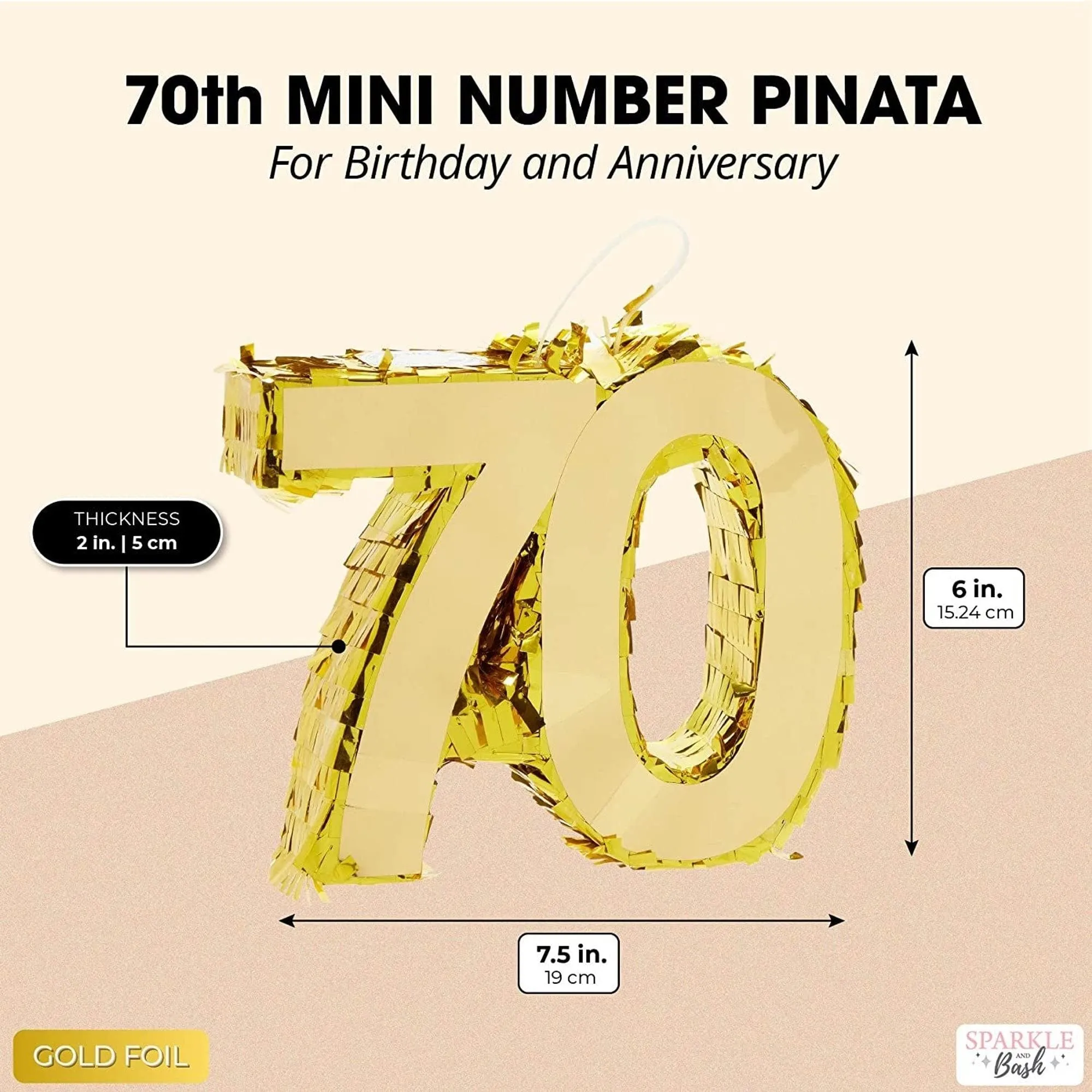 Mini Gold Foil Number 70 Pinata for 70th Birthday Party (7.5 X 6 2