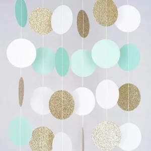 Mint White Gold Glitter Circle Polka Dots Paper Garland Banner 10 FT Banner, Celebration Party Decor
