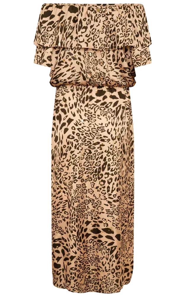 NAIA Leopard Halle Bardot Frill Maxi Dress Golden Leopard UK M