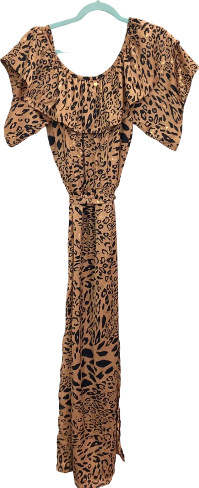 NAIA Leopard Halle Bardot Frill Maxi Dress Golden Leopard UK M