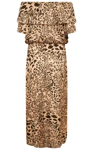 NAIA Leopard Halle Bardot Frill Maxi Dress Golden Leopard UK M