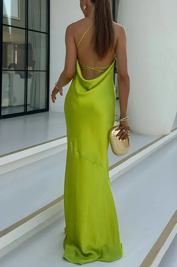 Nicoletta Satin Cowl Neck Backless Lace-up Maxi Dress