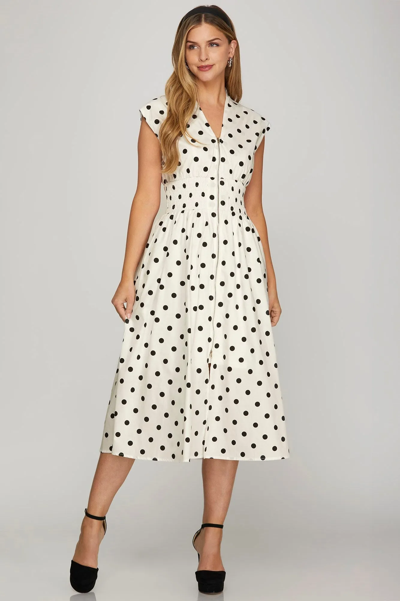 Off White Front Zip Polka Dots Cap Sleeve Midi Dress