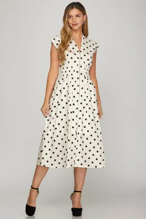 Off White Front Zip Polka Dots Cap Sleeve Midi Dress