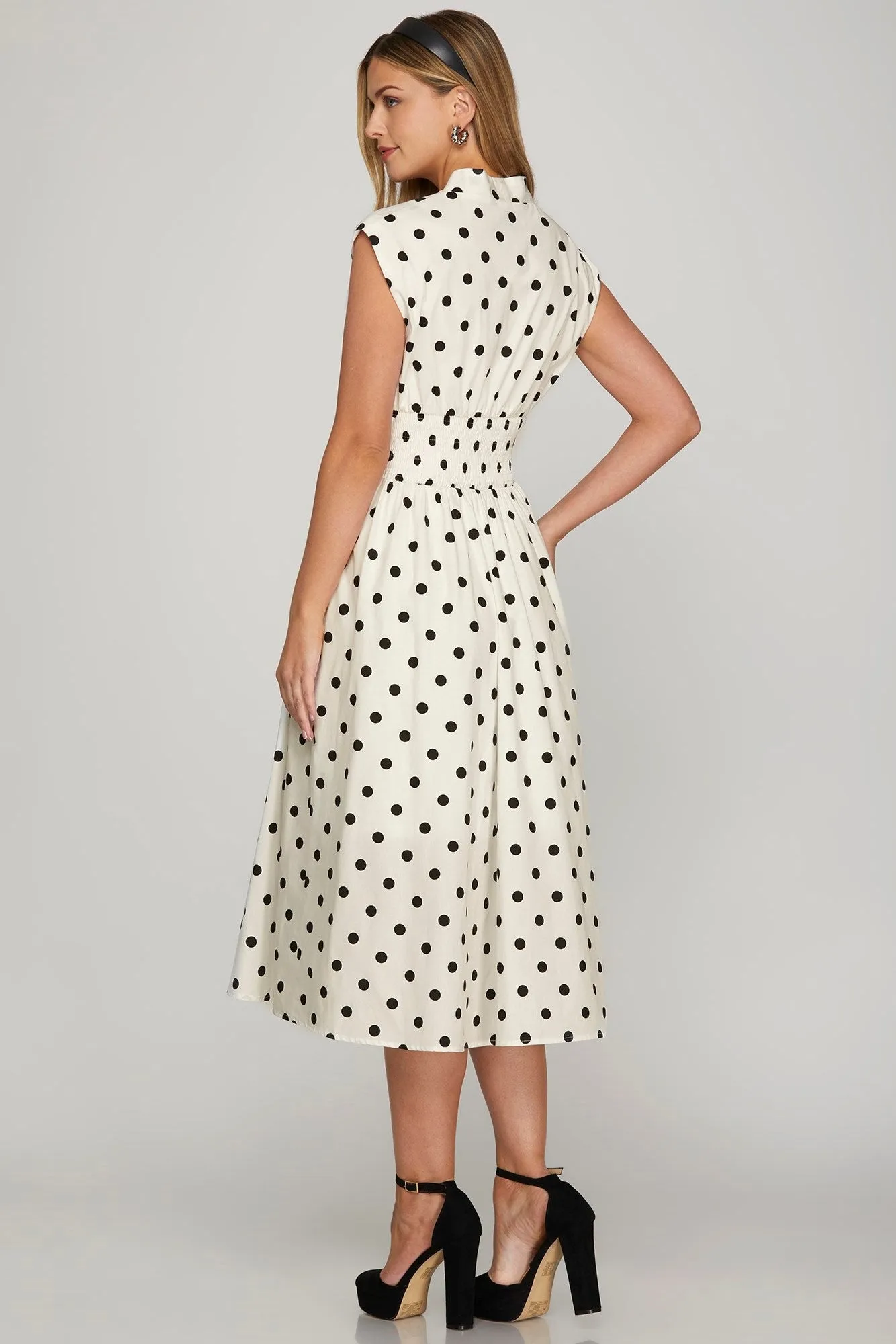 Off White Front Zip Polka Dots Cap Sleeve Midi Dress