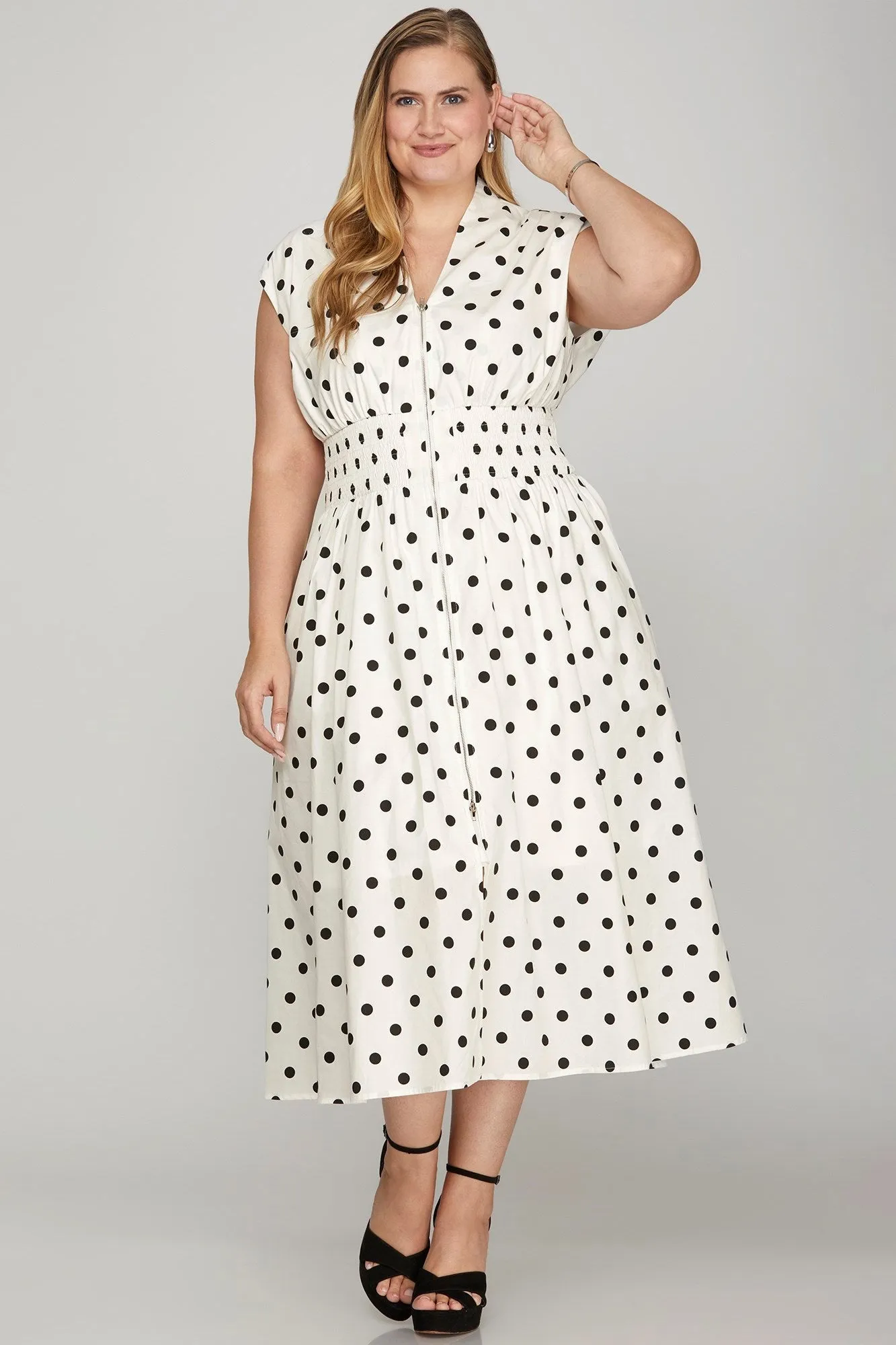 Off White Front Zip Polka Dots Cap Sleeve Midi Dress
