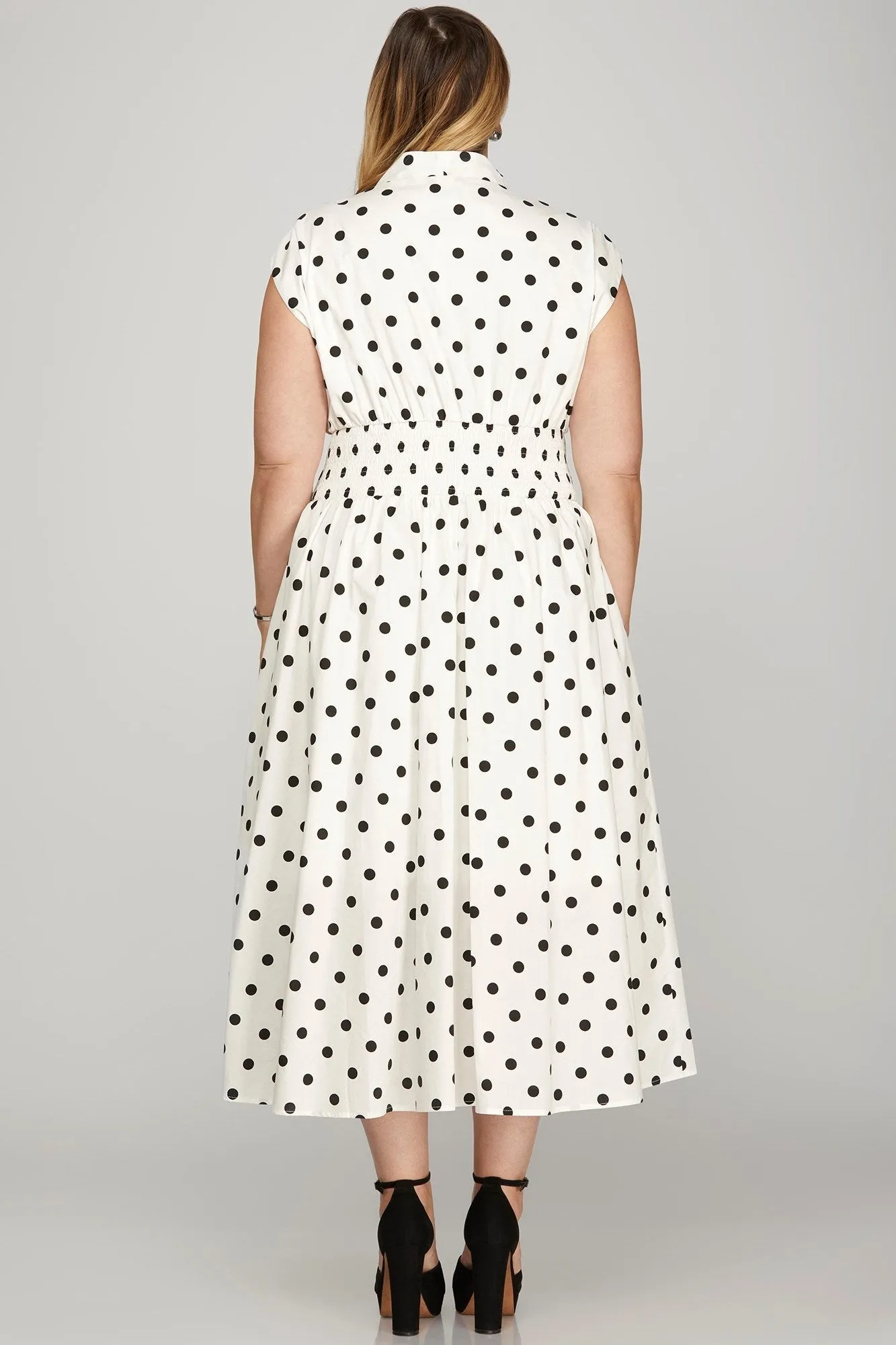 Off White Front Zip Polka Dots Cap Sleeve Midi Dress