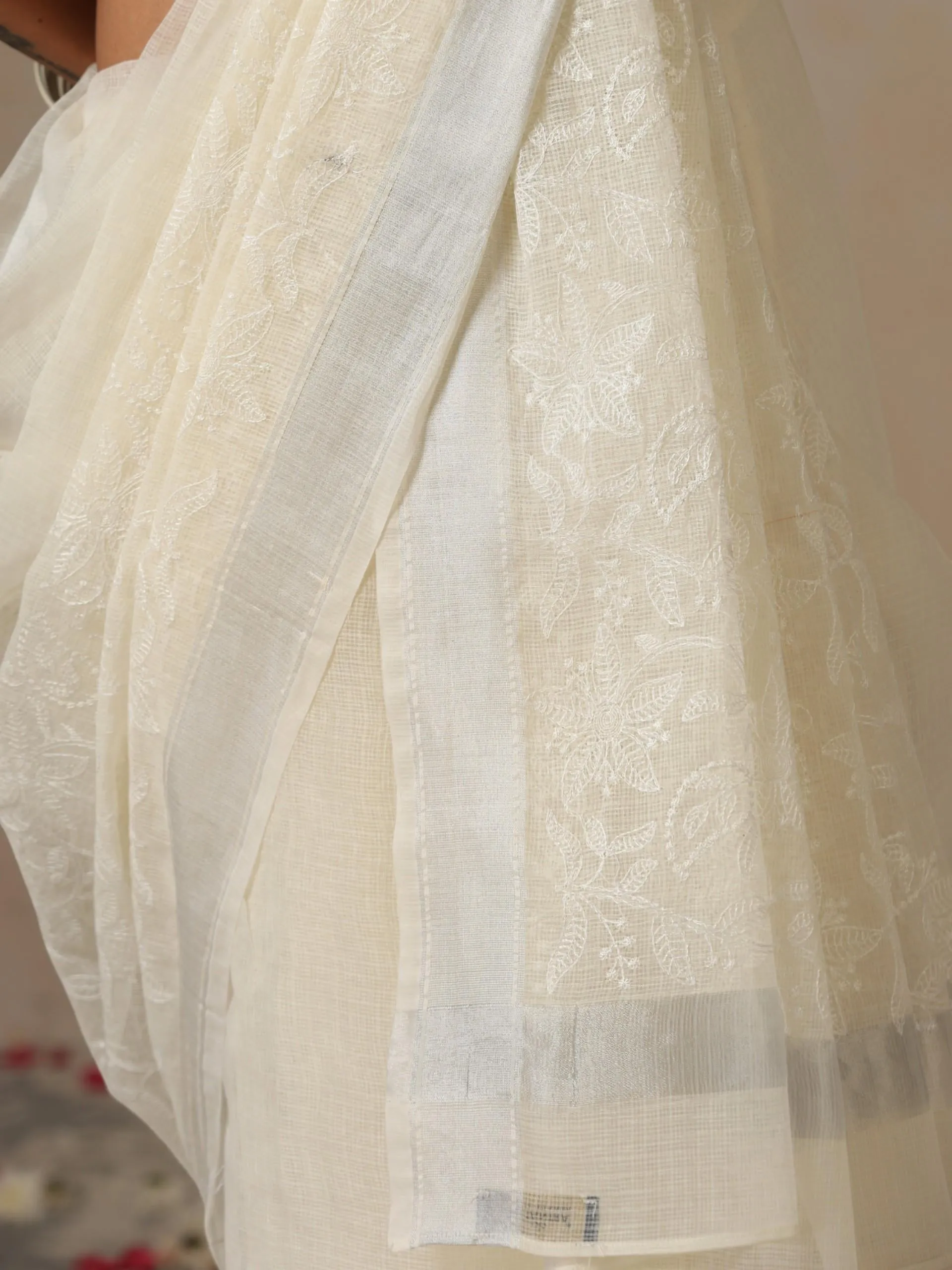 Pink and Silver Cotton Kota Saree with All over Embroidery and Blouse Fabric