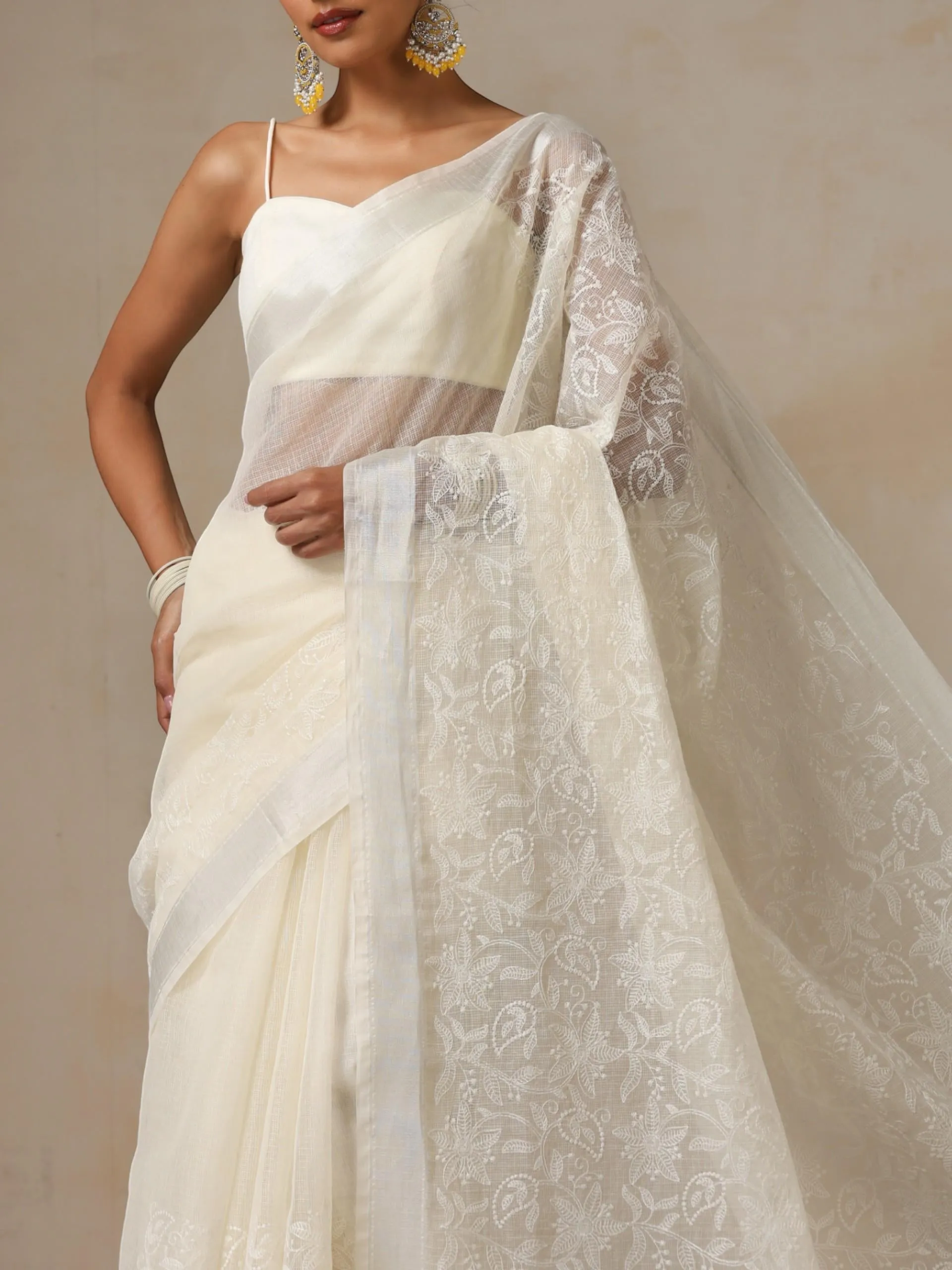 Pink and Silver Cotton Kota Saree with All over Embroidery and Blouse Fabric