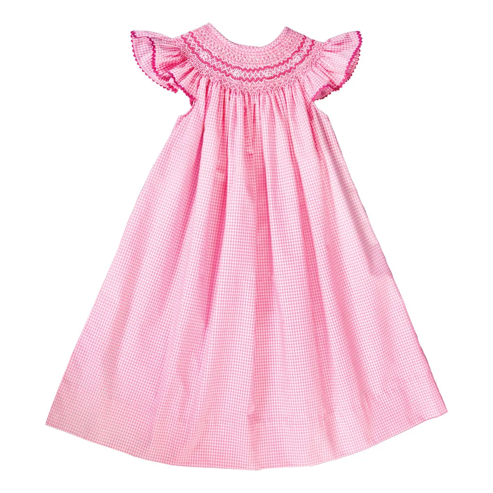 Pink Gingham English Smocked Bishop with Angel Sleeves